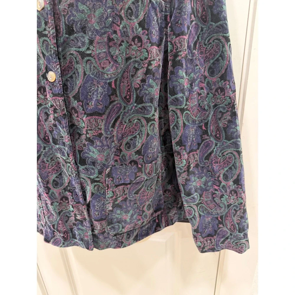 Vintage Paisley Velvet Jacket Women's Button Up Collar Blue Purple‎ Green M